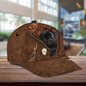 Black Pug Holding Daisy Unisex Cap