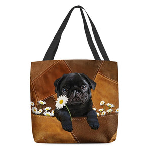 Black Pug Holding Daisy All Over Printed Tote Bag