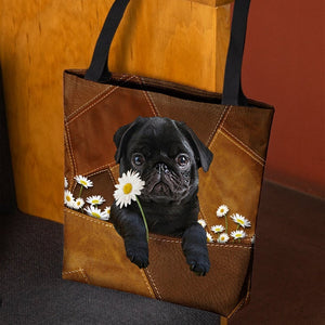 Black Pug Holding Daisy All Over Printed Tote Bag