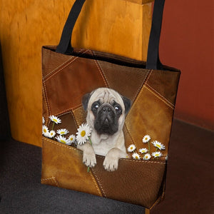 Pug Holding Daisy All Over Printed Tote Bag