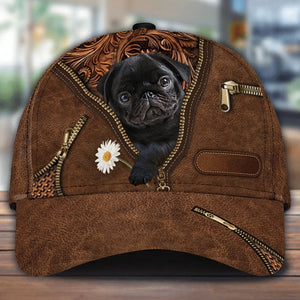 Black Pug Holding Daisy Unisex Cap