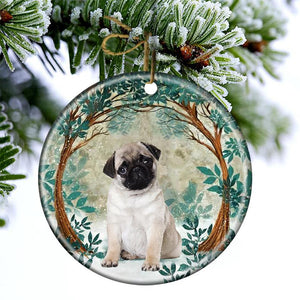 Pug Among Forest Porcelain/Ceramic Ornament