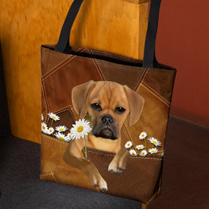 Puggle Holding Daisy All Over Printed Tote Bag