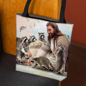Jesus Surrounded By Raccoons Tote Bag