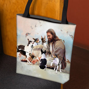 Jesus Surrounded By Rat Terriers Tote Bag