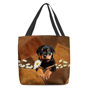 Rottweiler Holding Daisy All Over Printed Tote Bag