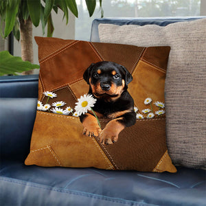 Rottweiler Holding Daisy Pillow Case