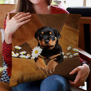 Rottweiler Holding Daisy Pillow Case
