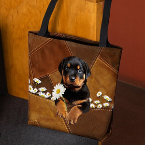 Rottweiler Holding Daisy All Over Printed Tote Bag