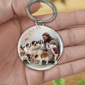 Jesus Surrounded By Saint Bernards-Round Resin Epoxy Metal Keychain