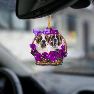 Saint Bernard Purple Rose Wicker Basket Car Hanging Ornament
