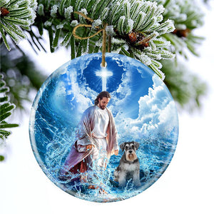 Schnauzer And God Walking On The Ocean Wave Porcelain/Ceramic Ornament