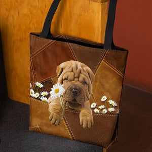 Shar Pei Holding Daisy All Over Printed Tote Bag