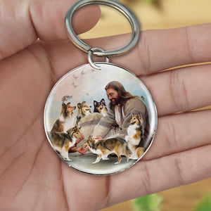 Jesus Surrounded By Shetland Sheepdogs-Round Resin Epoxy Metal Keychain
