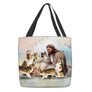 Jesus Surrounded By Shetland Sheepdogs Tote Bag