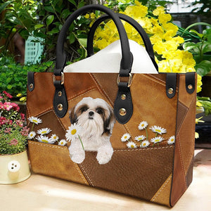 Shih Tzu 2 Holding Daisy Leather Bag