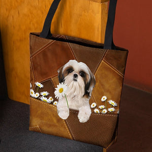 Shih Tzu Holding Daisy All Over Printed Tote Bag