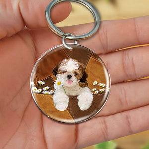 Shih Tzu 02Holding Daisy-Round Resin Epoxy Metal Keychain