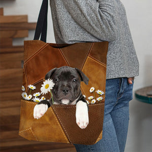 Staffordshire Bull Terrier Holding Daisy All Over Printed Tote Bag