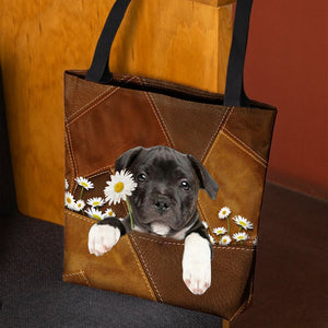 Staffordshire Bull Terrier Holding Daisy All Over Printed Tote Bag