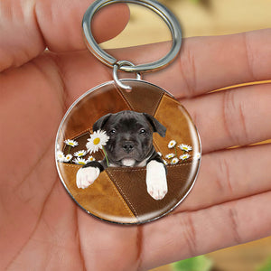 Staffordshire Bull Terrier 03Holding Daisy-Round Resin Epoxy Metal Keychain