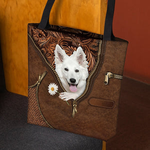 White German Shepherd Holding Daisy Tote Bag