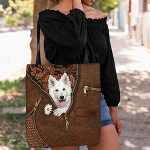 White German Shepherd Holding Daisy Tote Bag