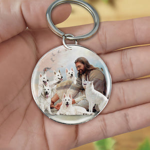 Jesus Surrounded By White German Shepherds-Round Resin Epoxy Metal Keychain