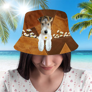 Wire Fox Terrier Holding Daisy Bucket Hat
