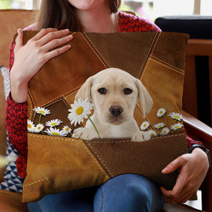 Yellow Labrador Holding Daisy Pillow Case