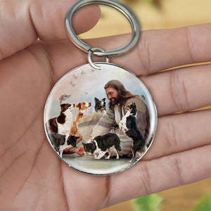 Jesus Surrounded By border collies-Round Resin Epoxy Metal Keychain