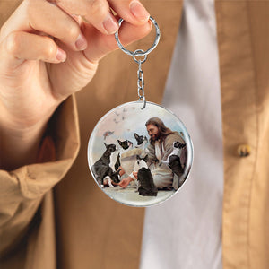 Jesus Surrounded By boston terriers-Round Resin Epoxy Metal Keychain