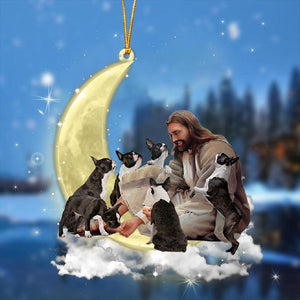 Jesus Surrounded By boston terriers On The Moon Ornament