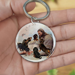 Jesus Surrounded By dachshunds-Round Resin Epoxy Metal Keychain