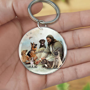 Jesus Surrounded By Dogs02-Round Resin Epoxy Metal Keychain