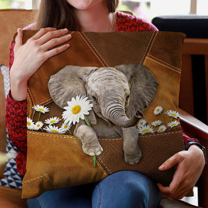 Elephant Holding Daisy Pillow Case