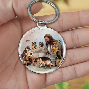 Jesus Surrounded By german shepherds-Round Resin Epoxy Metal Keychain
