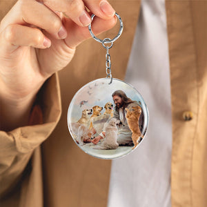 Jesus Surrounded By golden retrievers-Round Resin Epoxy Metal Keychain