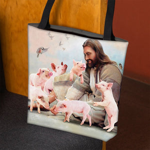 Jesus Surrounded By Pigs Tote Bag