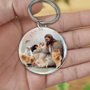 Jesus Surrounded By pomeranians-Round Resin Epoxy Metal Keychain