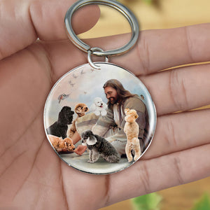 Jesus Surrounded By poodles-Round Resin Epoxy Metal Keychain