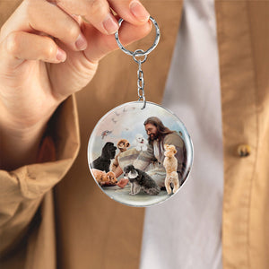 Jesus Surrounded By poodles-Round Resin Epoxy Metal Keychain