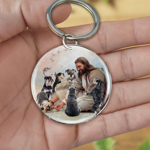 Jesus Surrounded By schnauzers-Round Resin Epoxy Metal Keychain