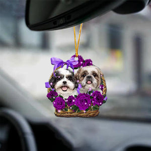 shih tzu Purple Rose Wicker Basket Car Hanging Ornament