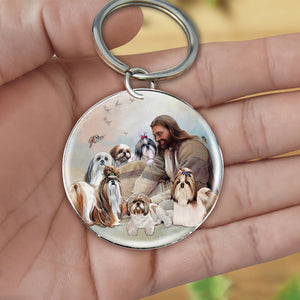 Jesus Surrounded By shih tzus-Round Resin Epoxy Metal Keychain