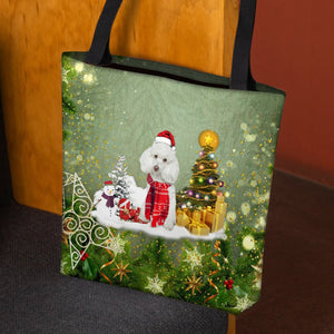 white poodle Merry Christmas Tote Bag