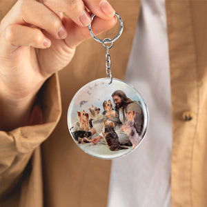 Jesus Surrounded By yorkshire Terriers-Round Resin Epoxy Metal Keychain