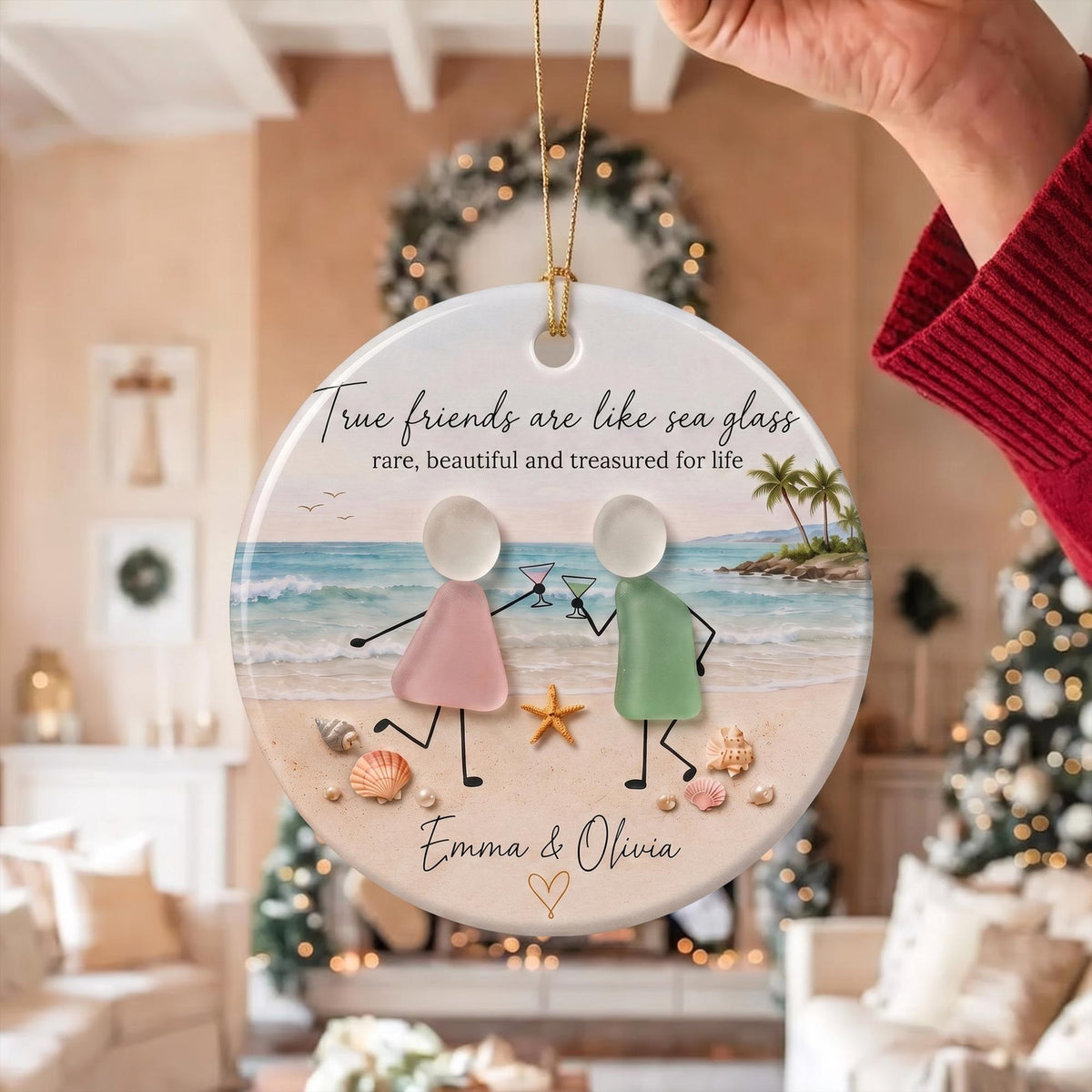 Personalized Best Friend Ceramics  Ornament, Sea Glass Friendship Christmas Ornament