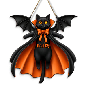 Halloween Cat Vampire - Personalized Wooden Door Sign - Summerween Decor for Cat Lovers