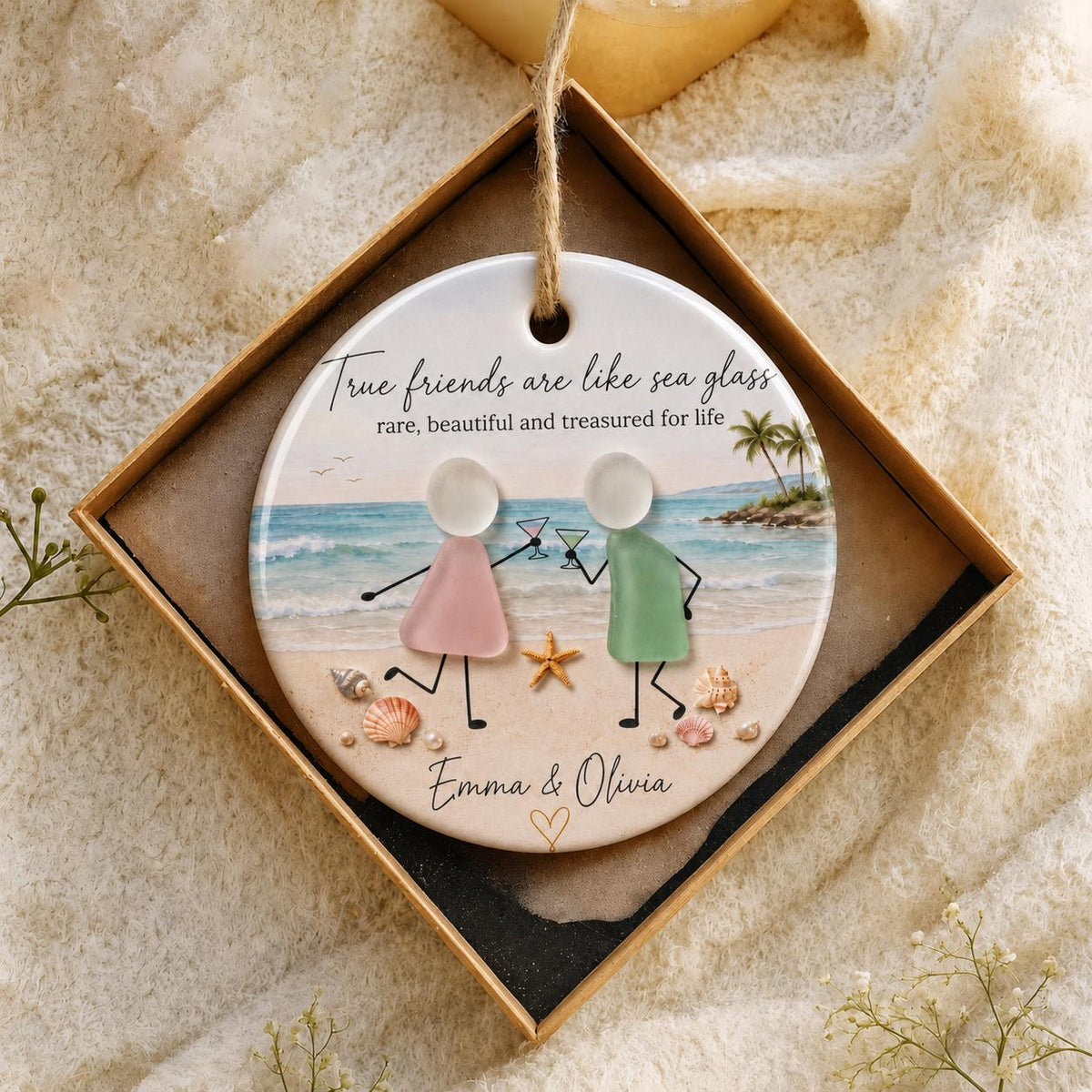 Personalized Best Friend Ceramics  Ornament, Sea Glass Friendship Christmas Ornament